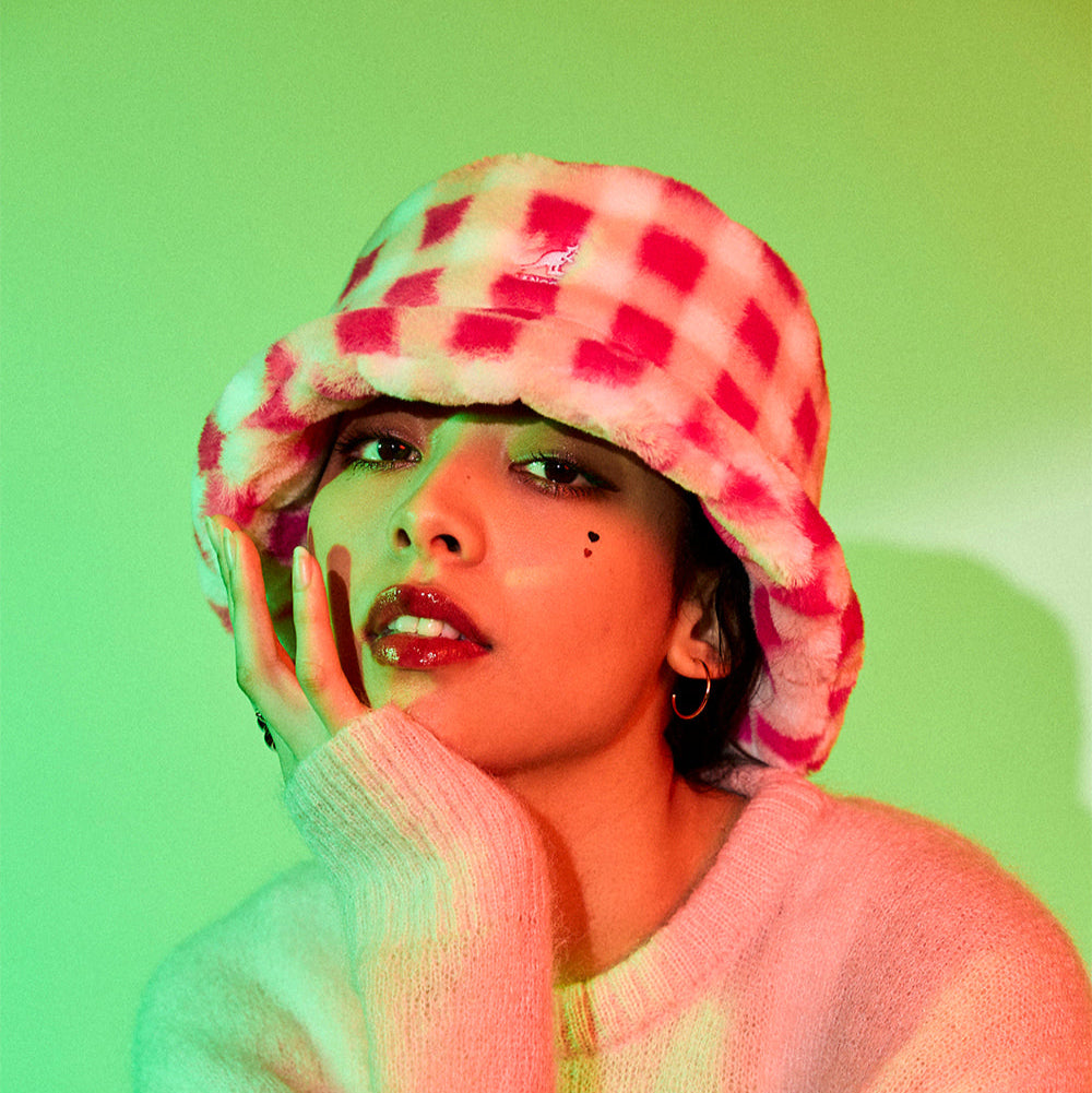 Kangol Faux Fur Bucket Hat - Pink Gingham